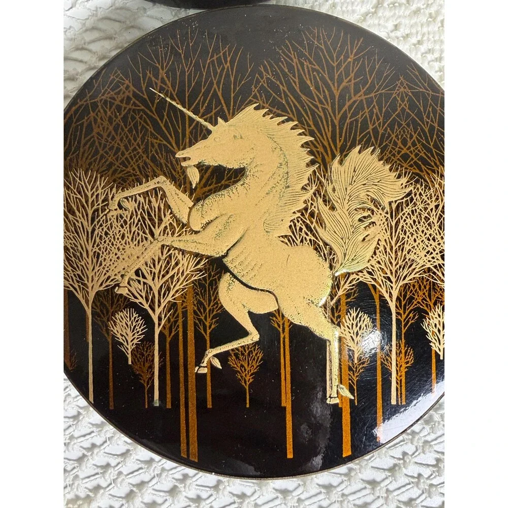 Vintage Otagiri Japan Black Gold Lacquer Unicorn Coaster Set with Lidded Box
